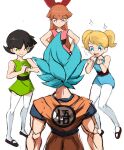  1boy 3girls belt black_belt black_hair blonde_hair blossom_(ppg) blue_dress bubbles_(ppg) buttercup_(ppg) clenched_hands crossover dougi dragon_ball dragon_ball_super dress english_commentary eyebrows_visible_through_hair green_dress hair_ribbon highres multiple_girls orange_hair pantyhose powerpuff_girls rakeemspoon red_dress red_eyes red_ribbon ribbon short_hair sketch son_goku super_saiyan super_saiyan_blue twintails white_legwear 