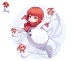  1girl artist_name bodysuit buttons closed_mouth dungeon_and_fighter floating looking_at_viewer meinoss multiple_views orange_eyes pointy_ears red_hair red_scarf reference_inset scarf white_bodysuit 