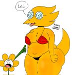 2025 alphys alphys_(underfell) alternate_universe anthro belly black_bikini_bottom breasts buckteeth clothed clothing dialogue duo elemental_creature english_text eyewear female flora_fauna flower flower_creature flowey_the_flower flowey_the_flower_(underfell) gesture glasses hand_gesture hi_res itz_not_v male navel open_mouth pink_tongue plant pointing pointing_at_another red_bikini_top reptile scales scalie side_butt simple_background skimpy speech_bubble spiral_glasses tail teeth text thick_thighs tongue underfell undertale undertale_(series) wearing_glasses white_background wide_hipped_anthro wide_hipped_female wide_hips yellow_body yellow_petals yellow_scales
