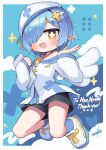  1girl bare_shoulders black_shorts blue_hair blue_socks breasts brown_eyes commission commissioner_name cross-shaped_pupils full_body hair_over_one_eye hat highres indie_virtual_youtuber long_sleeves nanatsuta noa_noelle open_mouth pointy_ears short_hair short_shorts shorts skeb_commission small_breasts socks solo symbol-shaped_pupils white_hat white_wings wings 