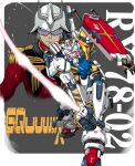  1boy blonde_hair char_aznable gundam gundam_gquuuuuux helmet highres long_sleeves looking_at_viewer male_focus mask mecha military military_uniform mobile_suit_gundam parody robot rx-78-2 science_fiction shield short_hair sword takuma_tomomasa weapon zeon 