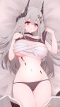  1girl arknights bandages bandeau bangs bare_shoulders bed_sheet blush breasts chest_sarashi commentary_request cowboy_shot eyebrows_visible_through_hair flying_sweatdrops grey_hair groin hair_between_eyes highres horns large_breasts lifted_by_self long_hair looking_at_viewer lying mudrock_(arknights) navel on_back oripathy_lesion_(arknights) parted_lips partial_commentary pointy_ears red_eyes risshu sarashi solo sports_bra sports_bra_lift stomach strapless thighs tube_top very_long_hair 