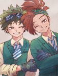  2boys absurdres bangs blue_gloves boku_no_hero_academia brown_hair collared_shirt commentary_request crossed_arms eyebrows_visible_through_hair formal freckles gloves goggles goggles_on_head green_eyes green_hair green_suit green_vest highres long_sleeves looking_at_viewer male_focus mamepan114 midoriya_izuku multiple_boys necktie one_eye_closed open_mouth red_eyes red_hair rody_soul shirt short_hair simple_background smile spiked_hair striped_necktie suit teeth vest white_shirt 