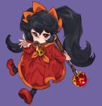 1girl artist_name ashley_(warioware) black_hair blush donut dress food food_in_mouth full_body hairband hand_up highres holding holding_staff long_hair long_sleeves looking_at_viewer open_hand orange_hairband purple_background red_dress red_eyes red_footwear shoes skull_brooch skull_ornament solo staff twintails twitter_username waa153 warioware yellow_brooch 