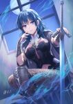  1girl bangs black_coat black_footwear black_shirt black_shorts blue_eyes blue_hair boots breasts bustier byleth_(fire_emblem) byleth_(fire_emblem)_(female) closed_mouth clothing_cutout coat commentary_request dutch_angle elbow_pads eyebrows_visible_through_hair fire_emblem fire_emblem:_three_houses full_moon hair_between_eyes hand_on_hilt indoors knee_boots knee_pads large_breasts looking_at_viewer medal medium_hair moon navel navel_cutout night pantyhose patterned_legwear planted planted_sword shirt short_shorts shorts sidelocks single_knee_pad sitting smile solo sword tassel twitter_username vambraces weapon window yamigo 