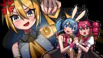  1girl 3girls akita_neru anger_vein angry animal_ears black_leotard black_pantyhose black_sleeves blonde_hair blue_eyes blue_hair blush colored_inner_hair detached_sleeves double-parted_bangs drill_hair fake_animal_ears fingernails grey_shirt hair_between_eyes hatsune_miku highres holding_hands interlocked_fingers kakosa_sama kasane_teto leotard mesmerizer_(vocaloid) multicolored_hair multiple_girls nail_polish necktie obsolete_meat_(vocaloid) pantyhose pendulum pink_hair rabbit_ears rabbit_hole_(vocaloid) red_eyes red_hair red_nails red_necktie shirt side_ponytail sleeveless sleeveless_shirt triple_baka_(vocaloid) twin_drills utau vocaloid yellow_eyes yellow_nails yellow_necktie 