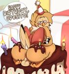animal_humanoid anthro anus arms_tied ass_up avian avian_butt avian_feet avian_humanoid balls bird birthday birthday_cake birthday_card birthday_gift blush blush_lines bound bow_accessory bow_ribbon butt butt_focus cake cake_sitting candle candlestick clothing dessert feet food food_fetish food_play frosting frosting_on_butt genitals hat headgear headwear hi_res humanoid hybrid kapigator male party_hat saggy_balls solo sprinkles talons toes ultrahyper wings