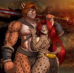 2025 anthro barbarian big_breasts bottomwear breasts butt butt_outline chacrawarrior clothed clothing digital_media_(artwork) duo emil_(the_pe0ple) felid feline female fur hair hi_res holding_object holding_weapon lidia_(the_pe0ple) loincloth lynx male male/female mammal melee_weapon muscular romantic romantic_couple side_boob smile sword tail topless tribal warrior weapon