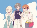  3girls albino alternate_costume alternate_hairstyle bag bare_arms belt black_eyes black_shirt blue_dress blue_pants blue_sky bracelet buttons closed_mouth clothes_writing cloud commentary cowboy_shot day dress green_hair hair_between_eyes hair_ornament hairclip handbag highres jewelry kagerou_project kido_tsubomi kisaragi_momo kozakura_marry looking_at_another looking_to_the_side midriff mokemoke_chan multiple_girls open_mouth orange_hair outdoors pants red_bag red_eyes round_eyewear shirt short_sleeves sky sleeveless sleeveless_shirt smile standing sunglasses symbol-only_commentary two-tone_dress white_dress white_hair white_pants white_shirt yellow_belt 