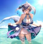  1girl absurdres anchor_hair_ornament bare_shoulders blowhole blue_dress blue_eyes blue_hair blue_whale_(kemono_friends) blush bracelet cetacean_tail clothes_lift commentary_request dorsal_fin dress dress_lift eyebrows_visible_through_hair gem glasses grey_hair hair_ornament highres jewelry kemono_friends kemono_friends_3 light_rays multicolored_hair official_alternate_costume one_eye_closed partially_submerged pearl_(gemstone) pearl_bracelet short_hair sky sleeveless solo sunbeam sunlight takebi thigh_strap wading water whale_girl 