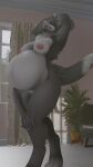  absurd_res anthro breasts carthagetech exposed_breasts female fur grey_body grey_fur hi_res mamagen open_mouth pregnant smile solo stretching white_body white_fur 