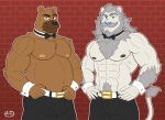 abs absurd_res anthro arm_hair barazoku bear beard belly belt biceps big_arms big_belly big_muscles black_bottomwear black_clothing black_nipples black_nose black_pants blue_nose body_hair bottomwear bow_tie brick_wall brown_body brown_fur chest_(disambiguation) chest_hair chest_tuft chippendales claws clothing collar duo facial_hair felid feline flat_colors fur grey_body grey_fur half-length_portrait hand_on_belt hands_on_hips hi_res lion looking_at_viewer male male/male mammal mane musclegut muscular muscular_male mustache neruk nipples obliques pantherine pants pecs pink_nipples portrait pubes pubes_exposed serratus shirt_cuffs simple_background standing stripper_clothes striptease tail triceps tuft wall_(structure) white_body white_fur