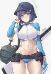  1girl absurdres artist_name bag belt blue_archive blush breasts bucket_hat cowboy_shot crop_top elvera halo hat highres holding holding_bag large_breasts long_sleeves looking_at_viewer navel official_alternate_costume purple_hair raglan_sleeves rash_guard saki_(blue_archive) saki_(swimsuit)_(blue_archive) signature simple_background solo stomach utility_belt weapon_behind_back white_background 