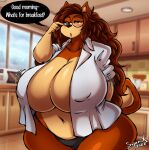  2022 absurd_res anthro appliance big_breasts breasts brown_hair canid canine canis clothing dialogue domestic_dog eyewear female glasses green_eyes hair hi_res huge_breasts inside kitchen kitchen_appliance mammal microwave_oven open_mouth solo speech_bubble superia superix thick_thighs window 