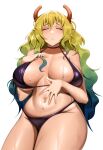  1girl blonde_hair blue_hair breasts closed_eyes closed_mouth commission cropped_legs curvy dragon_girl dragon_horns green_hair hand_on_own_chest highres horns kevbot kobayashi-san_chi_no_maidragon large_breasts lucoa_(maidragon) multicolored_hair navel simple_background sweat sweatdrop thighs wet white_background 