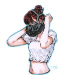  1girl bangs commentary cropped_torso dated gas_mask hair_bun hands_up highres looking_at_viewer mask midriff miss_jisu navel original putting_on_mask red_hair shirt short_sleeves signature simple_background solo traditional_media upper_body white_background white_shirt 