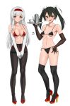  2girls absurdres bikini black_bikini black_gloves black_hair black_legwear breasts brown_eyes c-da commentary_request cup full_body gloves hairband high_heels highres kantai_collection large_breasts long_hair looking_at_viewer multiple_girls pantyhose_over_swimsuit pitcher red_bikini red_footwear red_hairband shoukaku_(kancolle) side-tie_bikini simple_background small_breasts standing swimsuit teacup thighhighs tray white_background white_gloves white_hair zuikaku_(kancolle) 