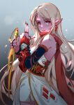  1girl black_nails blonde_hair colored_skin dungeon_and_fighter earrings flower_knot from_side hands_up holding holding_weapon jewelry long_hair looking_at_viewer meinoss multiple_rings pink_skin pointy_ears purple_eyes ring solo weapon 