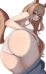 1girl absurdres animal_ears arknights ass ass_focus binware blue_skirt blush bra breasts brown_hair ceobe_(arknights) clothes_pull covered_nipples cowboy_shot dog_ears dog_girl dog_tail from_behind hair_between_eyes highres long_hair looking_at_viewer looking_back medium_breasts panties red_eyes simple_background skirt skirt_pull solo tail underwear very_long_hair white_background white_bra white_panties 