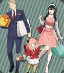  1boy 2girls alternate_costume anya_(spy_x_family) bangs black_hair blonde_hair breasts child dress family father_and_daughter formal hair_ornament hairband highres holding long_hair looking_at_viewer mother_and_daughter multiple_girls necktie official_alternate_costume official_art red_eyes short_hair sidelocks skirt spy_x_family suit twilight_(spy_x_family) white_skirt yellow_legwear yor_briar 