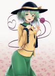  1girl absurdres black_headwear blush eyeball frilled_sleeves frills green_eyes green_hair green_skirt hat heart heart_of_string highres kamunika komeiji_koishi long_sleeves open_mouth shirt short_hair skirt smile solo third_eye touhou wide_sleeves yellow_shirt 