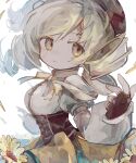  1girl absurdres blonde_hair bow bowtie breasts brown_corset brown_gloves brown_hat closed_mouth corset detached_sleeves flower gloves hat highres large_breasts long_hair mahou_shoujo_madoka_magica mahou_shoujo_madoka_magica_(anime) puffy_short_sleeves puffy_sleeves shirt short_sleeves skirt smile solo soresaki sunflower swept_bangs tareme tomoe_mami tomoe_mami_(magical_girl) upper_body white_shirt white_sleeves yellow_bow yellow_bowtie yellow_eyes yellow_flower yellow_skirt 