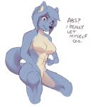  2021 abs anthro black_nose blue_body blue_fur blue_hair breasts canid corablue dialogue digital_media_(artwork) english_text female fur hair maku_(maku450) mammal nude short_hair simple_background sitting solo surprise text white_background 