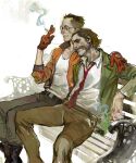  2girls arm_around_shoulder belt bench brown_pants cigarette closed_mouth disco_elysium duskidraws glasses gloves green_jacket harry_du_bois highres holding holding_cigarette jacket kim_kitsuragi male_focus multiple_girls mutton_chops necktie open_clothes open_jacket orange_gloves orange_jacket outdoors pants park_bench red_necktie round_eyewear short_hair simple_background sitting smile smoke smoke_trail smoking suit_jacket tank_top very_short_hair white_background white_tank_top 