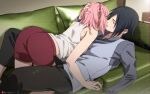  1boy 1girl bangs black_hair black_pants boruto:_naruto_next_generations bra_strap closed_eyes couch girl_on_top grey_shirt grey_vest hairband hand_in_another&#039;s_hair haruno_sakura hetero indoors kiss long_sleeves lying naruto_(series) niku_(ni23ku) on_back pants parted_bangs pink_hair red_hairband red_shorts shirt short_hair short_shorts shorts sleeveless sleeveless_shirt uchiha_sasuke vest white_shirt 