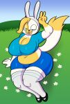 2025 4_fingers :3 adventure_time anthro arm_support belly big_breasts black_clothing black_footwear black_nose black_shoes blep blonde_hair blue_bottomwear blue_clothing blue_crop_top blue_sclera blue_shirt blue_shorts blue_topwear bottomwear breasts cake_the_cat cartoon_network cleavage clothed clothing cosplay crop_top curvy_figure cute_fangs day digital_media_(artwork) dipstick_tail domestic_cat eyelashes fake_ears fake_rabbit_ears fangs felid feline felis female fingers fionna_the_human flower footwear front_view full-length_portrait fur gesture grass hair hand_gesture hat headgear headwear hi_res huge_hips lidded_eyes looking_at_viewer mammal markings multicolored_body multicolored_fur navel outside pink_tongue plant portrait raised_tail shadow shirt shorts sitting slightly_chubby socks solo someth1ngoranother squish tail tail_markings teeth thick_thighs thigh_squish tongue tongue_out topwear two_tone_body two_tone_fur v_sign white_body white_clothing white_footwear white_fur white_hat white_headwear white_socks wide_hips yellow_body yellow_fur