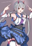  1girl :d arms_up assault_lily bangs bare_shoulders belt black_belt black_shirt blue_sailor_collar blue_skirt blunt_bangs collarbone commentary cowboy_shot crop_top detached_sleeves eyebrows_visible_through_hair fangs frilled_skirt frills fujita_asagao grey_background grey_hair highres horns houji_tea_latte layered_sleeves long_hair long_sleeves looking_at_viewer low_twintails mechanical_horns miniskirt multiple_belts neckerchief open_mouth pleated_skirt pointing pointing_at_self purple_neckerchief red_eyes red_horns sailor_collar school_uniform serafuku shirt simple_background skirt sleeveless sleeveless_shirt smile solo standing thighhighs translated twintails undershirt v-shaped_eyebrows very_long_hair waist_cape white_legwear white_shirt wide_sleeves zettai_ryouiki 