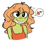  abigrock amphiban amphibian anthro big_eyes breasts cleavage clothed clothing frog green_body green_skin gynomorph hair intersex megan_ziegler orange_hair question_mark red_clothing red_shirt red_topwear shirt smile solo speech_bubble topwear 