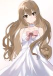  1girl absurdres aisaka_taiga arms_behind_back bangs bare_shoulders brown_eyes brown_hair closed_mouth commentary_request cowboy_shot dress eyebrows_behind_hair frilled_dress frills hair_between_eyes head_tilt highres light_blush long_dress long_hair looking_at_viewer partial_commentary pink_ribbon ribbon simple_background solo spaghetti_strap standing toradora! wedding_dress white_background white_dress xixi_(xxxxiixxxiixxxx) 