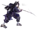  1girl absurdres animal_ears arknights black_eyes black_hair brown_footwear dated dog_ears facial_mark fighting_stance fingerless_gloves forehead_mark geta gloves highres holding holding_polearm holding_weapon liangban_xiexu naginata open_mouth pants polearm purple_gloves purple_pants purple_shirt saga_(arknights) shirt simple_background sketch socks solo weapon white_background white_legwear 