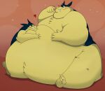  &lt;3 anthro belly big_belly blue_hair blush duo embrace feral hair hi_res hug immobile male morbidly_obese nintendo obese ogretusks overweight pok&eacute;mon pok&eacute;mon_(species) simple_background typhlosion video_games yellow_belly yellow_body 