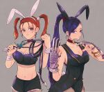  2girls animal_ears azuchi_(monica) bare_shoulders breasts cleavage closed_mouth crossover dragon_quest dragon_quest_viii dragon_quest_xi earrings highres jessica_albert jewelry large_breasts long_hair looking_at_viewer martina_(dq11) multiple_girls playboy_bunny ponytail purple_eyes purple_hair rabbit_ears simple_background twintails very_long_hair weapon 