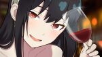  1girl bangs bare_shoulders black_bitou blush collarbone cup drinking_glass drunk earrings face hair_down hairband half-closed_eyes highres holding holding_cup jewelry long_hair looking_at_viewer open_mouth smile solo spy_x_family white_hairband wine_glass yor_briar 