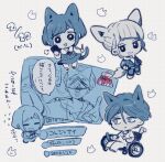  1boy 2girls animal_ears cat_ears cat_tail cellphone chibi commentary_request fukurai_azami full_body livestream meguriya_ayumu mnmn0406 monochrome multiple_girls phone smartphone spot_color tail tomarigi_yasumi toshi_densetsu_kaitai_center translation_request wheelchair 