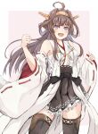  absurdres ahoge black_skirt boots breasts brown_hair cowboy_shot dairyo3 detached_sleeves double_bun eyebrows_visible_through_hair frilled_skirt frills hairband hakama hakama_short_skirt hakama_skirt headgear highres japanese_clothes kantai_collection kongou_(kancolle) kongou_kai_ni_(kancolle) long_hair looking_at_viewer medium_breasts open_mouth pink_background purple_eyes ribbon-trimmed_sleeves ribbon_trim sash simple_background skirt smile thigh_boots thighhighs two-tone_background white_background wide_sleeves 