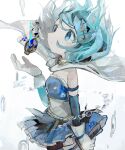  1girl absurdres bare_shoulders blue_eyes blue_gloves blue_hair blue_skirt cape closed_mouth commentary_request cowboy_shot gloves hair_ornament hand_up highres layered_gloves mahou_shoujo_madoka_magica mahou_shoujo_madoka_magica_(anime) miki_sayaka miki_sayaka_(magical_girl) musical_note musical_note_hair_ornament shirt skirt solo soresaki soul_gem tareme thighhighs white_cape white_gloves white_shirt white_thighhighs 