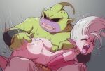 1boy 1girl ass colored_skin detached_sleeves dr._arinsu dragon_ball dragon_ball_daima floating_hair green_skin highres majin_duu masochism mcfli moaning open_mouth pants pink_skin pointy_ears purple_lips rolling_eyes simple_background spanking tearing_up white_hair 