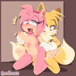  2022 2_tails 5_fingers absurd_res amy_rose anthro anthro_on_anthro anthro_penetrated anthro_penetrating anthro_penetrating_anthro arm_grab balls big_breasts black_nose blonde_hair blue_eyes blush bodily_fluids breast_grab breasts canid canine cheek_tuft claws clothing dipstick_tail drooling duo eulipotyphlan facial_tuft female female_penetrated fingers fox front_view fur genital_fluids genitals gloves gloves_only green_eyes groping_from_behind hair half-closed_eyes hand_on_breast handwear handwear_only hedgehog hi_res interspecies kneeling kneeling_sex looking_at_another looking_pleasured looking_up male male/female male_penetrating male_penetrating_female mammal markings miles_prower mostly_nude multi_tail narrowed_eyes nude open_mouth penetration penis pink_pussy precum pupils pussy saliva sega senshion sex smile smirk sonic_the_hedgehog_(series) sweat tail_markings tan_body tan_fur tuft vaginal vaginal_penetration white_claws white_pupils wrist_grab yellow_balls yellow_body yellow_fur yellow_penis 