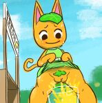 2025 animal_crossing anthro belt beverage big_eyes big_head biped blush bodily_fluids butt butt_from_the_front clitoris clothed clothing clothing_lift curved_eyebrows digital_media_(artwork) domestic_cat dress dress_lift elemental_creature embarrassed eyebrows featureless_hands felid feline felis female flora_fauna food food_creature front_view fruit genital_fluids genitals green_clothing green_dress green_pubes head_leaf juice_(beverage) leaf_pubes lemonade_stand living_fruit low-angle_view mammal nintendo no_underwear orange_(fruit) orange_body orange_juice outside peeing peeing_into_container peeing_into_cup pink_inner_ear pink_inner_pussy plant pubes public pussy smile solo standing sweat tail tangy_(animal_crossing) unknown_artist unusual_bodily_fluids unusual_genital_fluids unusual_urine urine urine_on_leg watersports white_belt