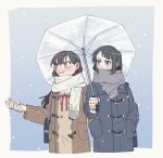  2girls bag bang_dream! bang_dream!_it&#039;s_mygo!!!!! black_hair blue_bag blue_eyes blush chinese_commentary commentary_request criangle_k. dress ear_blush grey_scarf hanasakigawa_school_uniform hand_in_another&#039;s_pocket holding holding_umbrella long_hair medium_hair mole mole_under_eye multiple_girls open_mouth purple_eyes sailor_dress scarf school_bag school_uniform shiina_taki shoulder_bag snow teeth umbrella upper_teeth_only white_scarf yahata_umiri 
