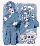  1boy 2girls blue_theme character_request chibi closed_eyes commentary_request fukurai_azami gloves half_mask highres mask mnmn0406 monochrome multiple_girls nervous ponytail sketch smile suit tomarigi_yasumi toshi_densetsu_kaitai_center translation_request 