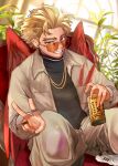  1boy alternate_costume black_shirt blonde_hair boku_no_hero_academia can canned_coffee commentary drink earrings english_commentary facial_hair facial_mark feathered_wings grey_jacket grey_pants hawks_(boku_no_hero_academia) highres holding holding_can jacket jewelry long_sleeves looking_at_viewer male_focus necklace orange-tinted_eyewear pants plant red_feathers red_wings ring shirt shoes short_hair smile sneakers solo sony_(gaysony) squatting sunglasses tinted_eyewear v white_footwear wings yellow_eyes 