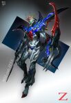  absurdres beam_rifle character_name claw_(weapon) energy_gun glowing glowing_eyes green_eyes gun gundam highres holding holding_gun holding_weapon monsterification rcj redesign shield tail v-fin weapon zeta_gundam zeta_gundam_(mobile_suit) 