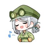  1girl artist_request belt belt_buckle blush_stickers braid braided_hair_rings buckle cabbie_hat cable chibi cleavage_cutout closed_eyes clothing_cutout coat collared_coat collared_shirt cropped_torso frilled_shirt_collar frills froggy_fashion_(infinity_nikki) gloves goggles goggles_on_headwear green-framed_eyewear green_belt green_coat green_hat grey_hair hair_rings hair_tie hands_on_own_hips happy hat infinity_nikki long_sleeves medium_hair musical_note nikki_(series) official_art open_mouth rubber_gloves shirt smile solo transparent_background yellow_gloves yellow_shirt 
