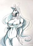  anthro big_breasts breasts equid equine female fur genitals gray.wolf hair hi_res horse long_hair mammal nipples nude simple_background solo traditional_media_(artwork) white_body white_fur white_hair zebrov 