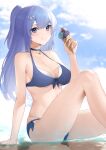  1girl :q absurdres arm_at_side bangs bare_legs bare_shoulders bikini blue_choker blue_eyes blue_hair blue_ribbon blue_sky breasts choker cleavage closed_mouth collarbone copyright_request day dhokidoki eyebrows_visible_through_hair feet_out_of_frame food front-tie_bikini front-tie_top hair_ornament highres holding holding_food ice_cream ice_cream_cone knee_up large_breasts long_hair looking_at_viewer multi-strapped_bikini one_side_up outdoors reflection ribbon shallow_water sitting skindentation sky smile solo swimsuit tongue tongue_out water 